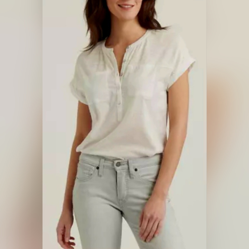 Lucky Brand Women's Stressless Blouse Cotton/Viscose White Henley Neck XL - Picture 4 of 16